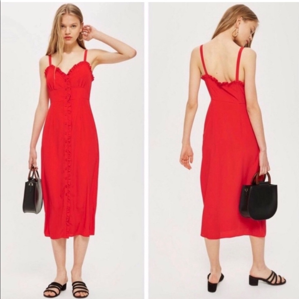 NWOT! TOPSHOP 90s Grunge Dream Red Ruffle Button Sweetheart MIDI Slip Dress - 6